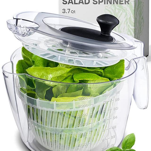 Joined Small Salad Spinner with Rotary Handle, Measuring Jug and Colander - Quick and Easy Multi-Use Lettuce Spinner, Vegetable Dryer, Fruit Washer, Pasta and Fries Spinner - 3.7 Qt