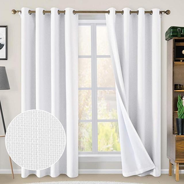 HOMEIDEAS White Blackout Curtains Textured 84 Inch 100% Blackout Burlap Faux Linen Look Curtains Primitive Room Darkening Grommet Curtains for Living Bedroom, 2 Panels