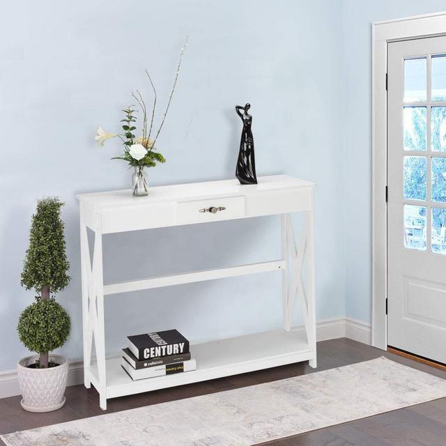Bonnlo White Entryway Table Sofa Table with Drawer and Shelf Slim Console Table with Storage for Hallway, Living Room, Foyer