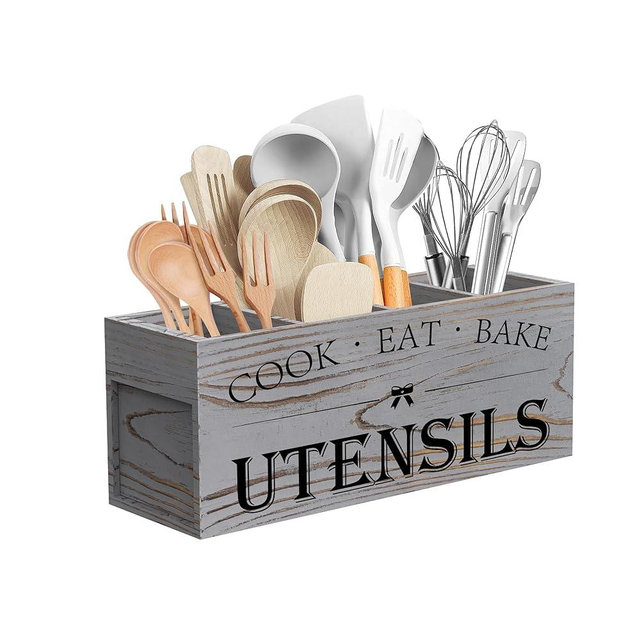 Suli Extra Large Kitchen Utensils Holder with 4 Compartments, Wooden Utensil Organizer for Kitchen Countertop, Farmhouse Decor, Rustic Cooking Utensil - Grey grain