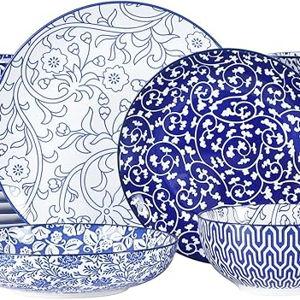 Selamica Ceramic Dinnerware Sets for 6, 24 Piece Plates and Bowls Sets, Highly Chip and Crack Resistant Dishes Set-Dishwasher & Microwave & Oven Safe, Vintage Blue