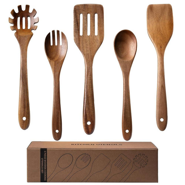 5-Piece Kitchen & Cooking Utensils Set - Natural Acacia Wood Material Includes Salad Spoons, Spaghetti Spoon, Salad Fork, Flat Spatula,Slotted Spatula- Essential Wooden Utensil Set for Cooking