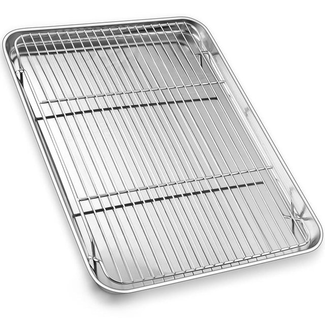 17.5 Inch Large Baking Sheet and Rack Set, P&P CHEF Half Stainless Steel Cookie Sheet Baking Pan with Cooling Rack for Cooking/Roasting, Non-Toxic & Bake Evenly, Oven & Dishwasher Safe