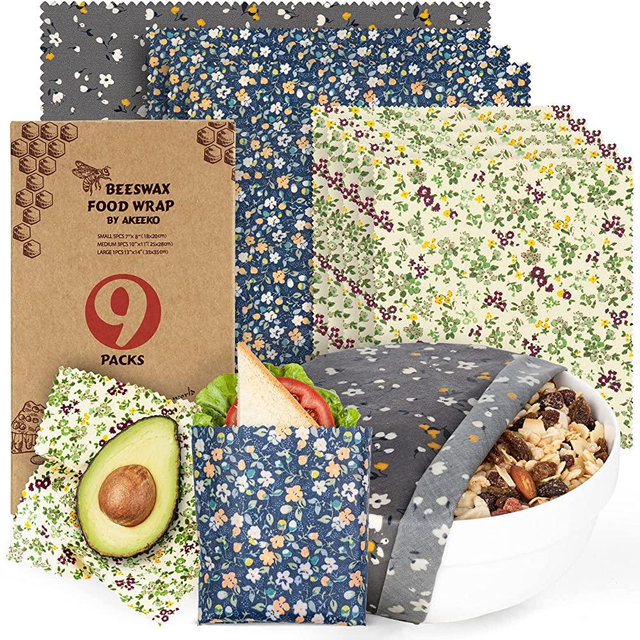 Reusable Food Wraps w/Beeswax Assorted 9 Packs - Eco-Friendly Reusable Wraps, Biodegradable, Zero Waste, Organic, Sustainable, Plastic-Free Food Storage, 5S, 3M, 1L w/ Flora Pattern