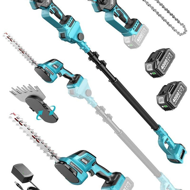 SEESII 6-in-1 Cordless Pole Saw & Hedge Trimmer Combo, Electric Mini Chainsaw with 2×4.0 Ah Batteries, Extendable Tree Pruner, Bush Trimmer Limb Branch Cutter, Grass Shears, 15Ft Long Reach