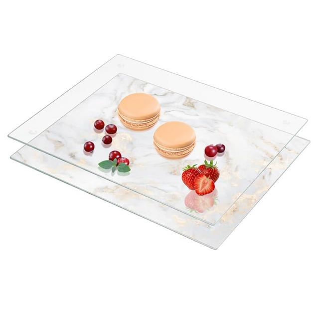 VASUHOME Tempered Glass Cutting Board Set of 2-16x12 inch Marble Pattern Cutting Board for Kitchen Counter - Scratch, Heat, Shatter Resistant and Easy to Clean- White and Clear