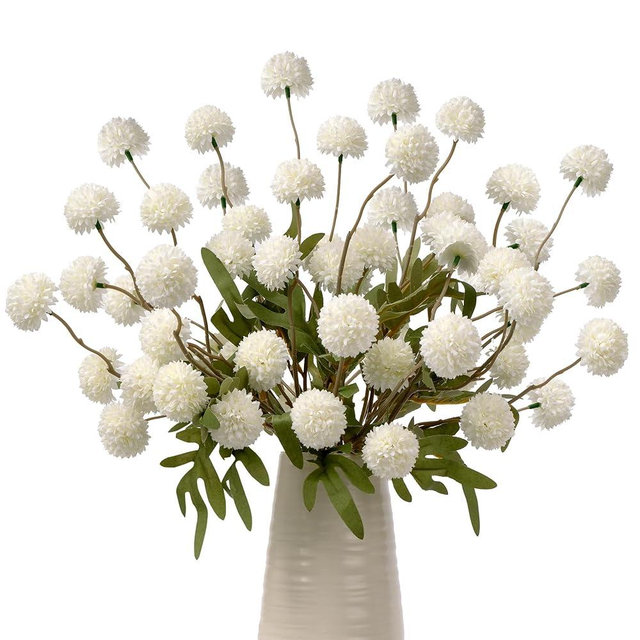 ENALGRE Artificial Flowers Fake Silk Pompon Mum, Small Mini Chrysanthemum Ball with Stems, Fall Floral Faux Kiku Flower for Vase DIY Wedding Bouquets Centerpieces Home Table Decorations(10pcs,White)