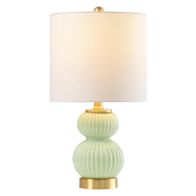 JONATHAN Y JYL1099F 20" Mint Green Contemporary Ribbed Glass Gourd Table Lamp, Modern Bedside Nightstand Lamp for Bedroom, Living Room, Office with White Linen Drum Shade and Brass Gold Base
