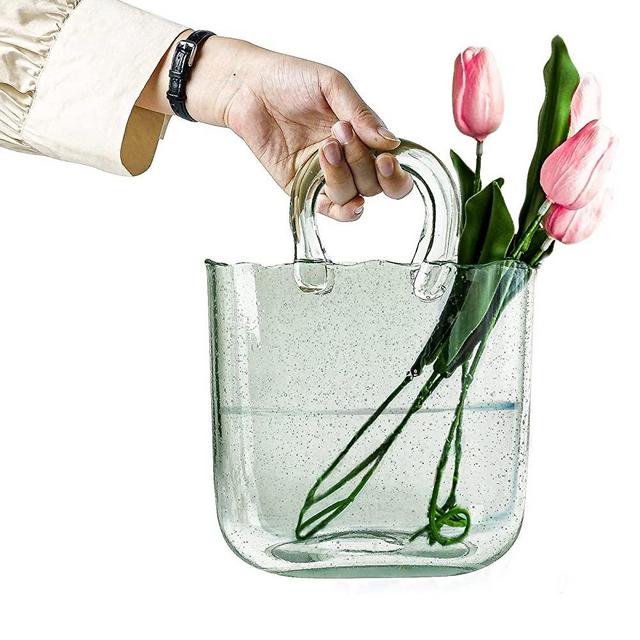 OLEEK Purse vase for Flowers (Handmade) Green Glass Bag vase -10Inches- Clear, Cool & Cute vase for centerpieces & Fish Bowl - Handbag Unique Flower vase Decorative - Wide Mouth Bubble vase for décor