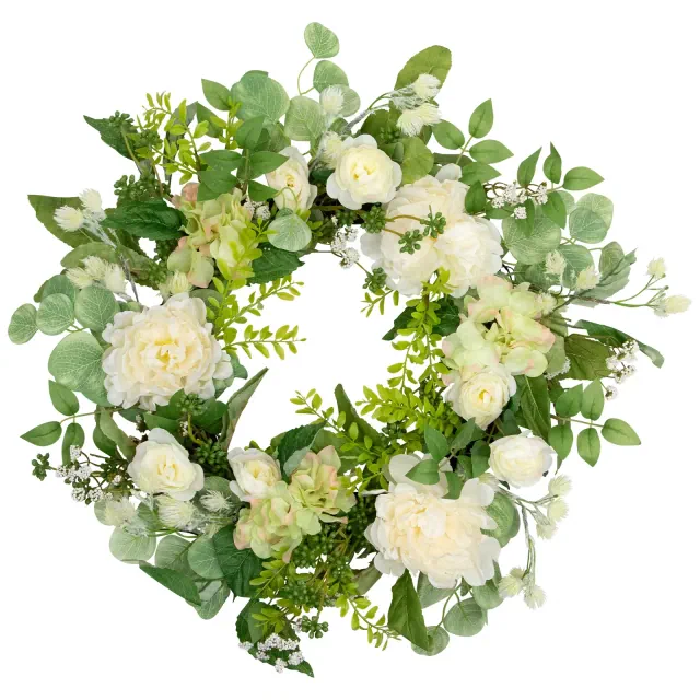 Northlight Hydrangea and Ranunculus Artificial Floral Eucalyptus Wreath - 23" - Cream and Green