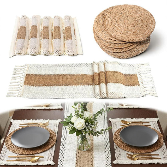 SHENLIU Handmade Boho Placemats Set of 6, Natural Cotton Burlap Placemat with Round Straw Woven Table Mats and Burlap Table Runner Macrame Décor Farmhouse Style Placemats for Dining Tables Kitchen