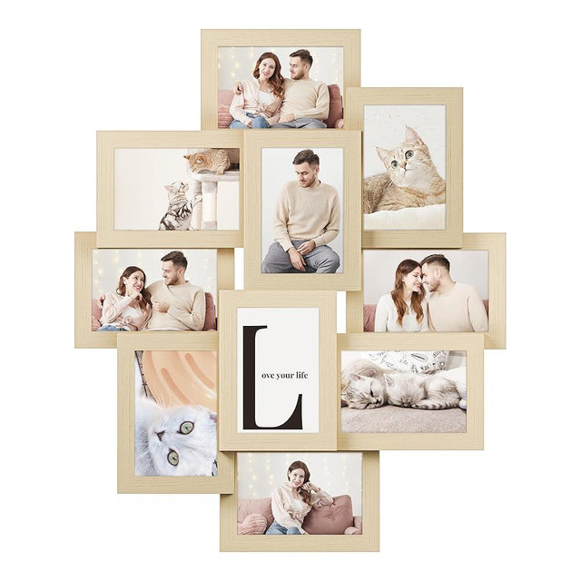 SONGMICS 4x6 Collage Picture Frames, 10-Pack Photo Collage Frame for Wall Decor, Glass Front, Assembly Required, Natural Beige URPF020N01