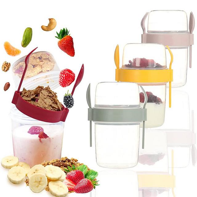 SALDA 4 Pack 22 oz Breakfast On the Go Cups, Take and Go Yogurt Cup with Topping Cereal Cup with spoon and fork, Overnight Oats or Oatmeal Container Jar, Colorful Set of 4 (22, Oval, 4, 650ml)