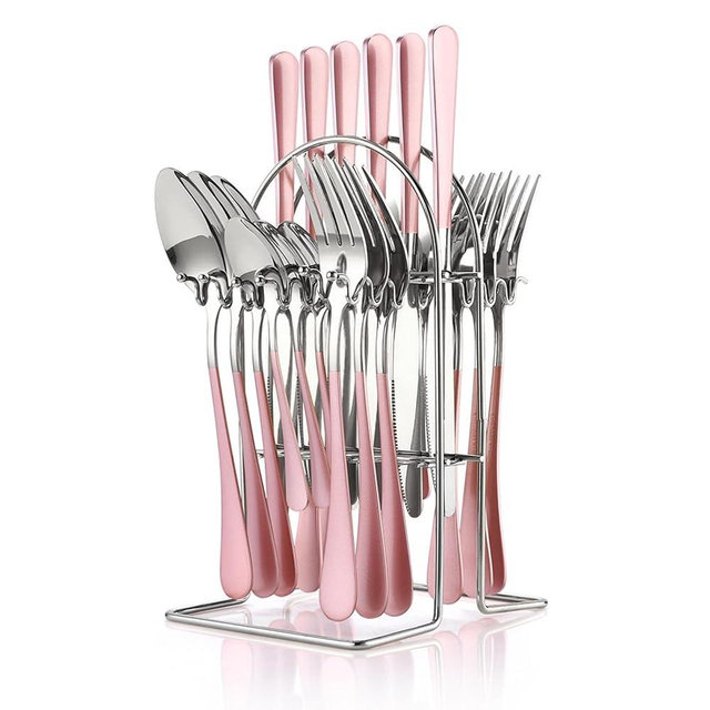 24 Pieces Flatware Set, Caliamary Stainless Steel Flatware Set with Silverware Holder Spoons Forks Knives,Utensils Set Service for 6,Gold Mirror Polished and Matte Pink Painted (Pinkish Silver)