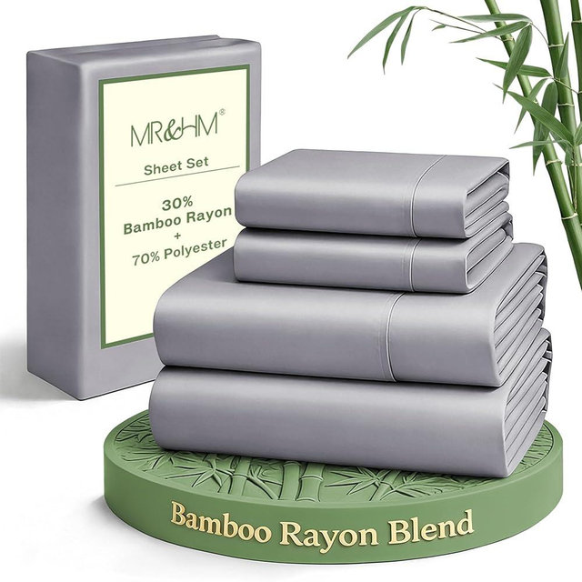MR&HM Queen Sheet Set, 4-Piece Cooling Sheets, Rayon Derived from Bamboo & Polyester Blend, Soft & Silky, 15" Deep Pockets with Elastic Straps, Hotel Luxury for Hot Sleepers, Silver Grey