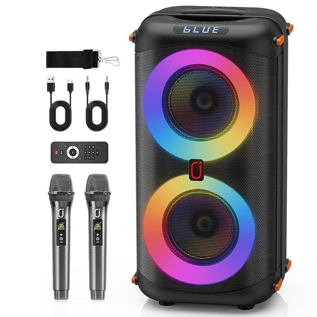 Karaoke Machine with 2 Wireless Microphones, Portable Bluetooth Karaoke Speaker for Adults, Big Party PA System with Dicso Lights & Dual 6.5" Stage Subwoofers for Home Outdoor, Ideal Gifts for All