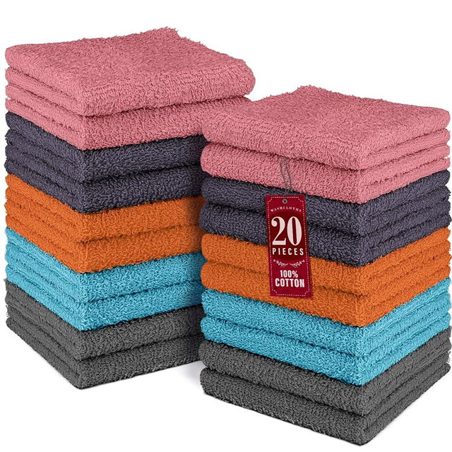 DecorRack 20 Pack 100% Cotton Wash Cloth, Luxurious Soft, 12 x 12 inch Ultra Absorbent, Machine Washable Washcloths, Assorted Set 4 (20 Pack)