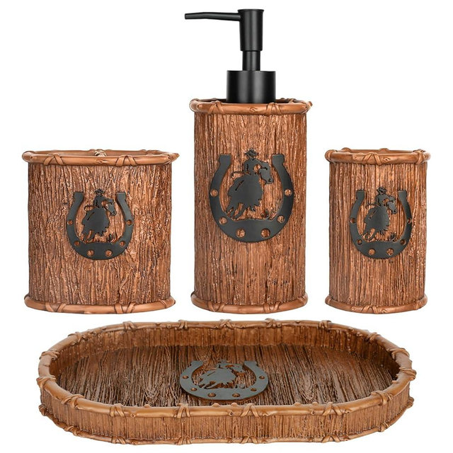 Bathroom Accessory Sets 4PCS Bathroom Accessories Set Complete Western Rustic Horseshoes Decoration Includes Lotion Dispenser Toothbrush Holder Tumbler Cup & Vanity Tray