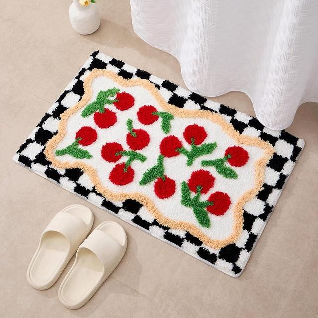 ORTIGIA Cute Bath Mat Bathroom Mats Checkered Red Cherry Bathroom Rugs Non Slip Soft Microfiber Absorbent Washable Rug Small Bath Rug for Bathroom Laundry Sink Decor 20x32 inch