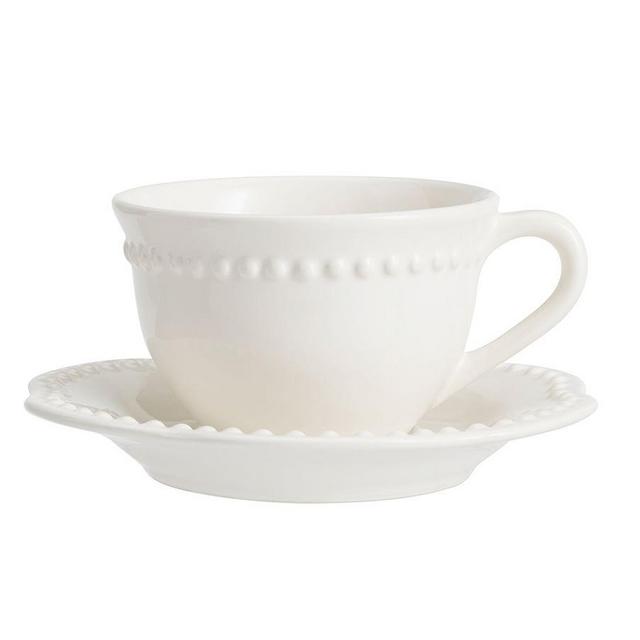 Emma Beaded Stoneware Cup & Saucer, Set of 4 - White