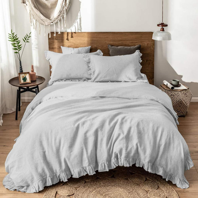 Simple&Opulence 100% Linen Duvet Cover Set-3 Pieces Premium Shabby Chic Ruffled Farmhouse Bedding 1 Comforter Cover(104"x92") and 2 Pillow Shams(20"x36") France High End Vintage Style(King,Light Grey)