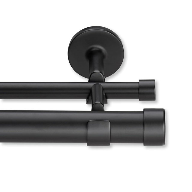 MODE Cambria Designer Series - Premium 9 foot Custom Double Curtain Rod - 1-1/8 inch Large Diameter - Non-Adjustable for a Seamless Look - Premium Designer Brackets and End Caps - Satin Black Finish