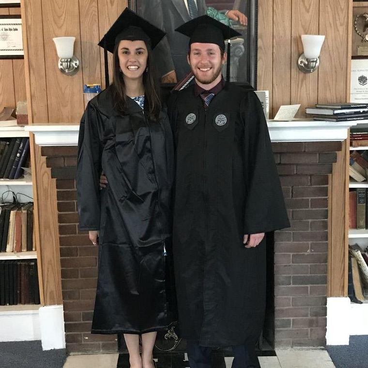 Louis graduates from WPI 2018, taken in the fraternity house (Colby brought her graduation robe to Worcester for this pic :)