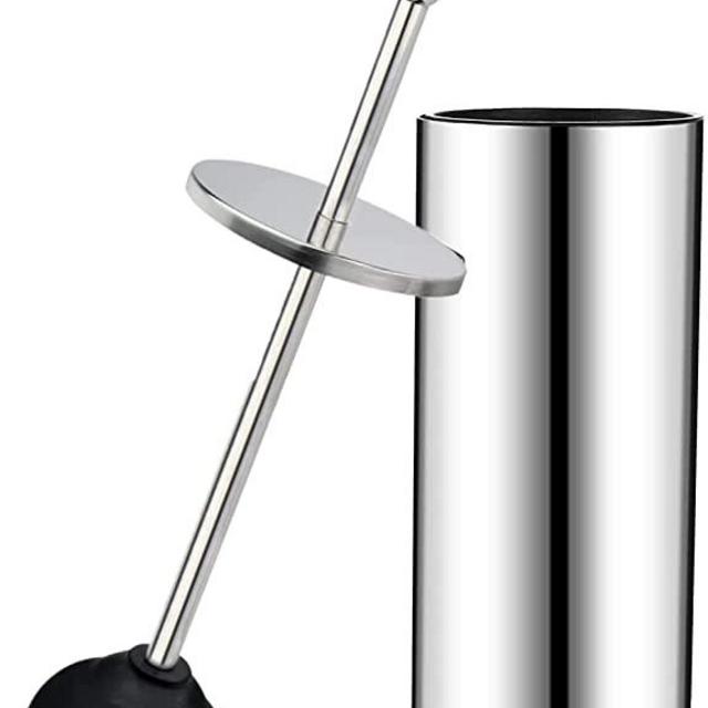 Chrome Toilet Plunger with Holder Bathroom Metal Canister Holder Drip Cup, Heavy Duty, Deep Cleaning Silver