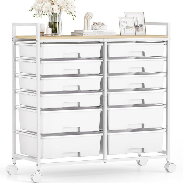 Rolling Storage Cart with 12 Drawers, Wooden Tabletop Utility Cart for Craft Storage, Art Supply Storage & Home Office Organization, Teacher Cart with Wheels for Classroom, School (White)