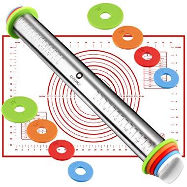 Adjustable Rolling Pin with Thickness Rings and Pastry Mat Set for Baking Cookie Chapati Fondant Dough Pastry Pizza Pie Crust, Stainless Steel Roller Pin