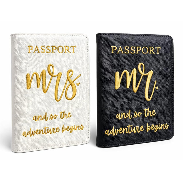 Passport Holder Set for Couples, Mr and Mrs Embroidered Passport Covers, PU Leather Travel Accessory, Wedding and Honeymoon Gift (Embroidered Black White Gold)