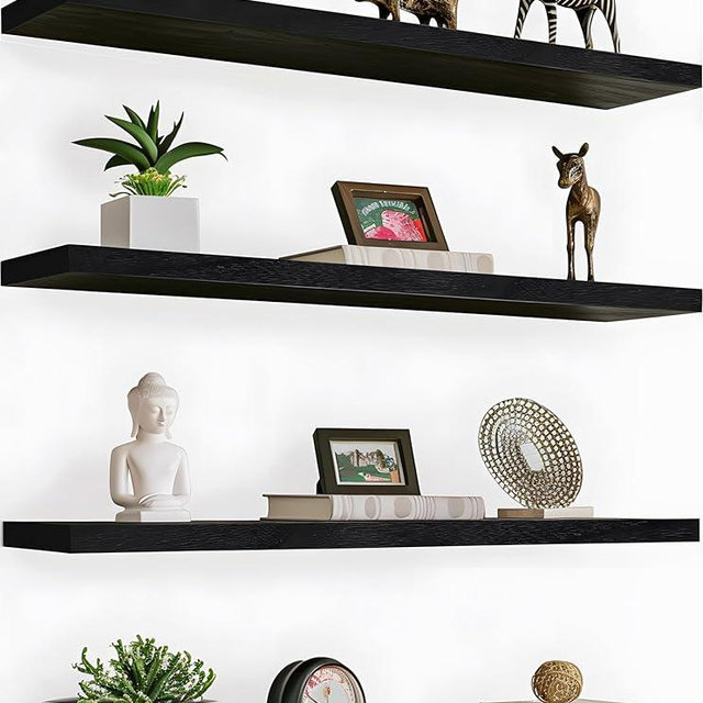 PHPH 36 Inch Wood Floating Shelves for Wall, Wooden Wall Shelves for Bedroom, Set of 4 Black