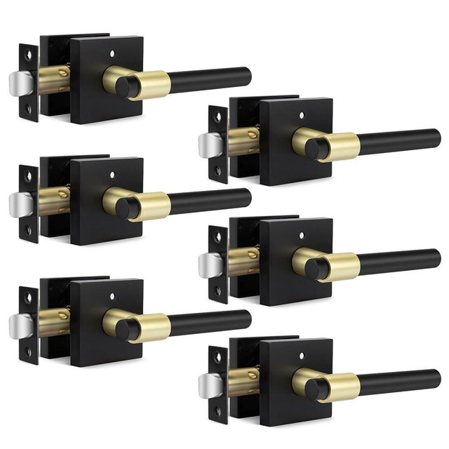 goldenwarm 6 Pack Black and Gold Interior Door Handles, Heavy Duty Privacy Door Levers, Black and Gold Door Handles Interior for Bedroom and Bathroom(Square, Zinc Alloy)