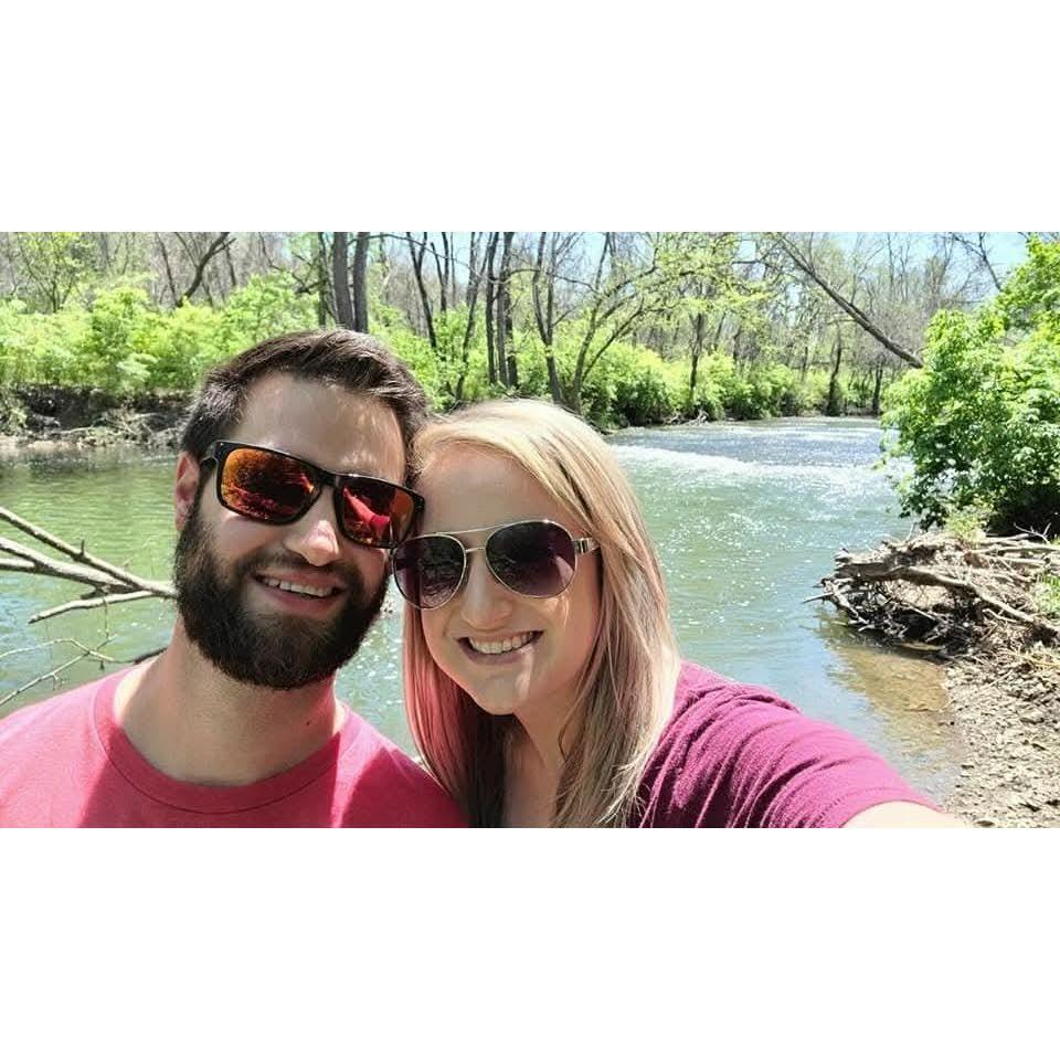 One of our first hikes at Shawnee Mission Park where our engagement photos were later taken! Also our first photo together!