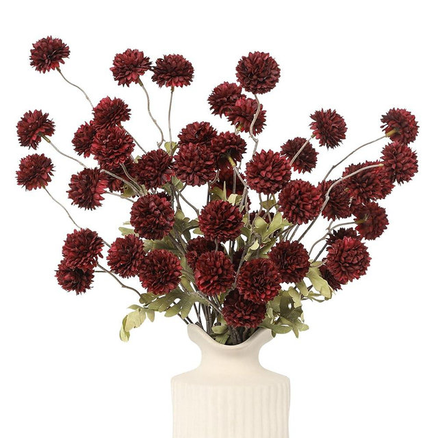DuHouse 6pcs Artificial Flowers Faux Silk Pompon Mum,Silk Small Mini Chrysanthemum Ball with Stems for DIY Wedding Bouquets Centerpieces Vase Home Table Kitchen Decorations(Burgundy)