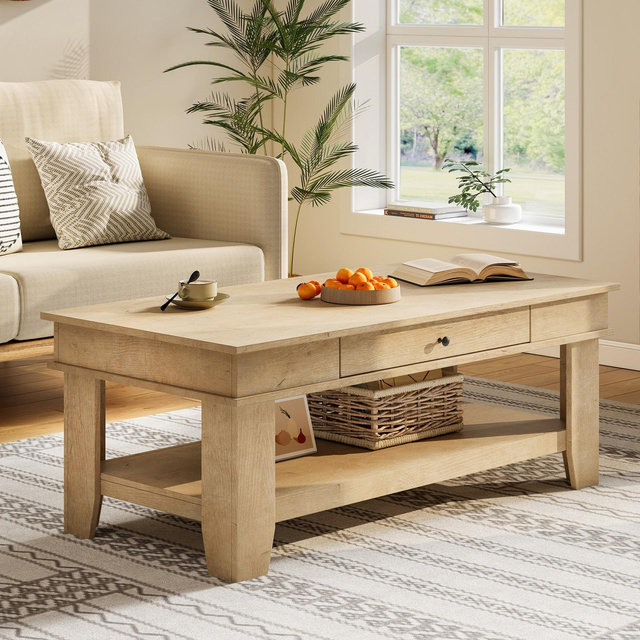Garvee Coffee Table with Drawer and Open Shelf Light Wood Center Table