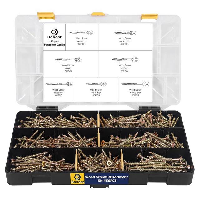 Bonost 450Pcs Wood Screws Assortment Kit - Assorted Wood Screws with Matching Bits - Torx Drive Wood Screw Set for Decking, Furniture, Woodworking Projects