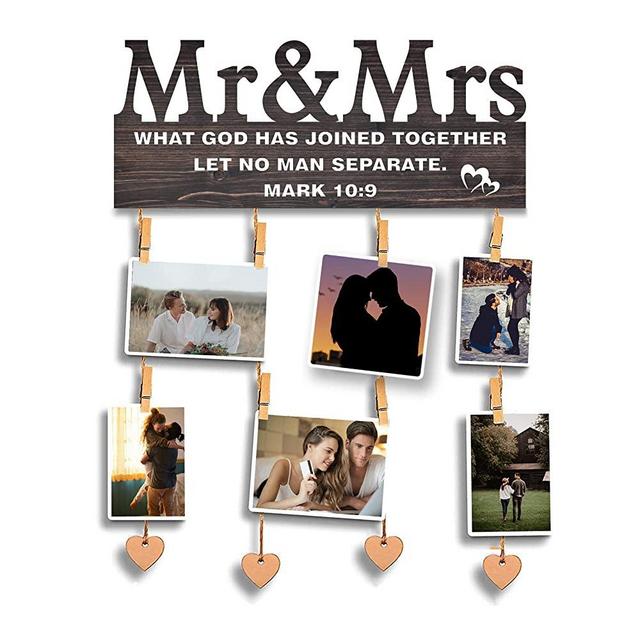 Yudarte Mr & Mrs Bedroom Decor for Couples - Wall Picture Hanging Collage Board with Clips and Twine 13.5x5.5 Inches - Religious Marriage Gifts for Couple - What God Has Joined Together Mark 10:9