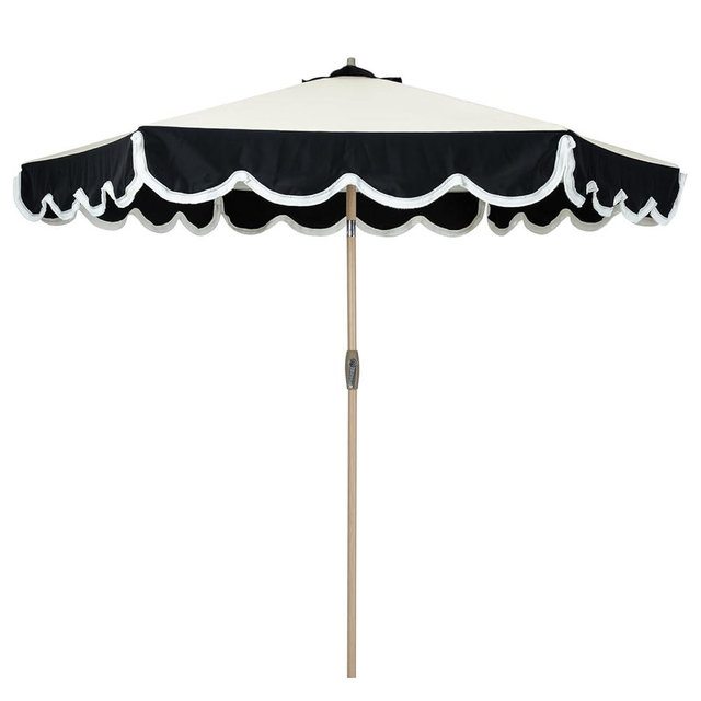Tempera 9ft Scalloped Patio Umbrellas with Fringe, Market Umbrellas with Water-Resistant and Fade Resistant Canopy, 1.5" Wood Pole & Button Tilt,Black Beige Spliced