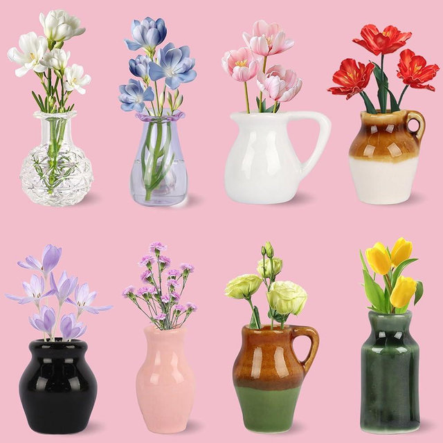 Cute Ceramic Mini Vase Magnets for Fridge, Tiny Plant Vases with Flowers, Magnetic Refrigerator Decor for Kitchen, Office, Locker (8 Pack)