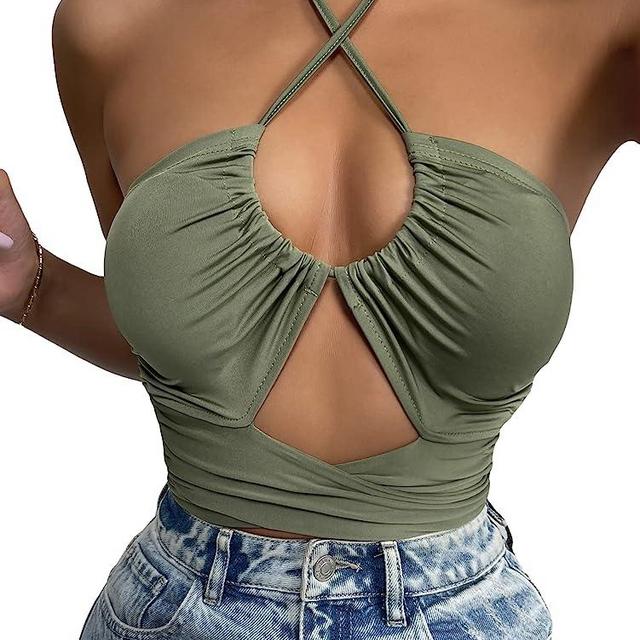 Cozyease Women's Sexy Cut Out Criss Cross Sleeveless Crop Tops Backless Tie Back Halter Top