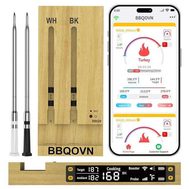 Btclink WIFI Wireless Meat Thermometer Unlimited Range 7 NIST Certified Accuracy Sensors Sub-1G(10X Stronger than Bluetooth)APP&Magnetic Smart Digital Base for BBQ,Oven,Smoker,Grill (2, black, small)