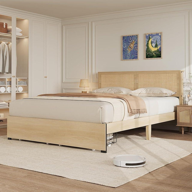 GarveeHome Queen Platform Bed Frame, Queen Size Bed Frame with Natural Rattan Headboard, Cane Bed Frame with 2 Storage Drawers and Strong Wood Slats Support, Noise Free, No Box Spring Needed