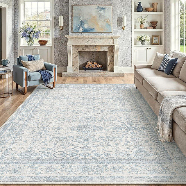HUGEAR Area Rug 8x10 Retro Light Blue Machine Washable Living Room Rugs Distressed Vintage Floral Vacuumable Low Pile Carpet Bedroom Office Dining Room Laundry Room Non Slip Soft Lightweight