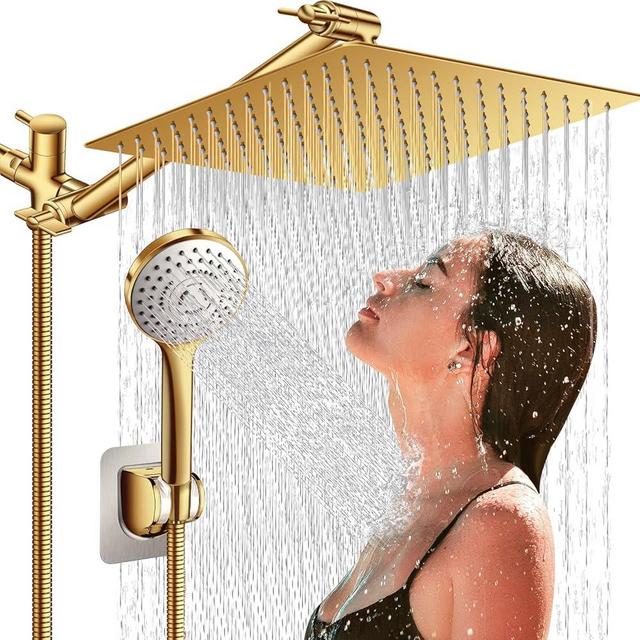 Beekim 12'' Shower Head with Handheld, High Pressure Rainfall Shower Head Combo with 11'' Adjustable Extension Arm, 5 Setting Hand Held Shower Head with 60 Inch Shower Hose. Anti-Leak (Gold)