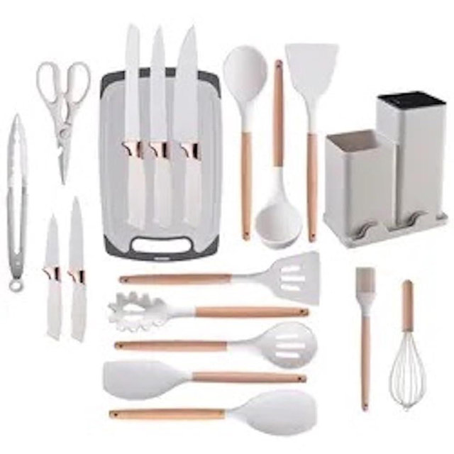 19-Piece Kitchen Utensil & Knife Block Set: 12 Non-Stick, Heat-Resistant Silicone Cooking Utensils (Spatula, Tongs, Ladle, Scissors) + 5 Sharp Kitchen Knives & Cutting Board (White)
