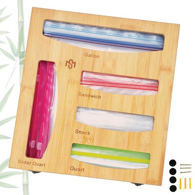 SAMATIZE Bamboo Ziplock Bag Storage Box Baggie Organizer for Drawer or Wall Mount, Compatible with Gallon, Quart, Sandwich, Snack Size Bags, 1 Box 5 Slots,Bamboo Drawer Organizer, Ziploc Bag Organizer