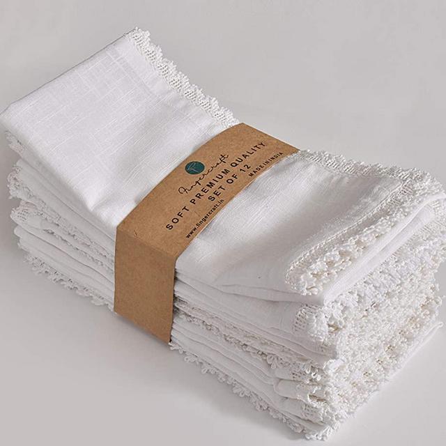 FINGERCRAFT Oversized Dinner Cloth Napkins White in 100% Texture Slub Cotton Fabric 12 Pack 20X20 Inch White Premium Quality, Mitered Corners for Every Day Use Napkins are Pre Shrunk and White lace