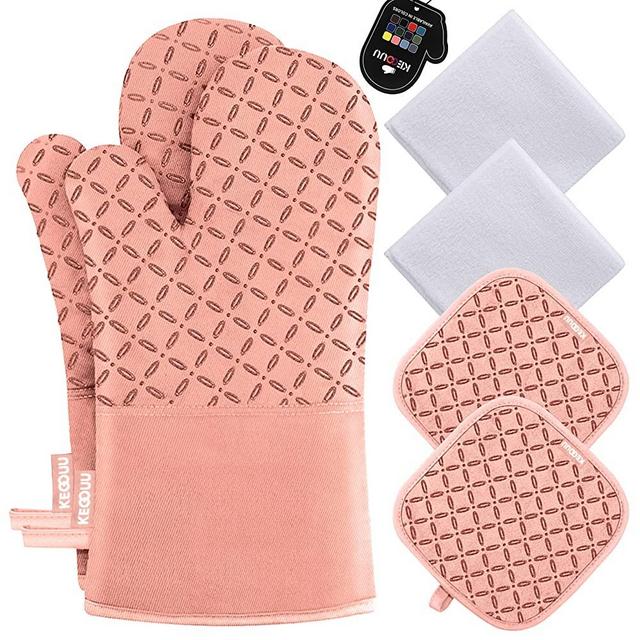 KEGOUU Oven Mitts and Pot Holders 6pcs Set, Kitchen Oven Glove High Heat Resistant 500 Degree Extra Long Oven Mitts and Potholder with Non-Slip Silicone Surface for Cooking (Gray) (Pink)