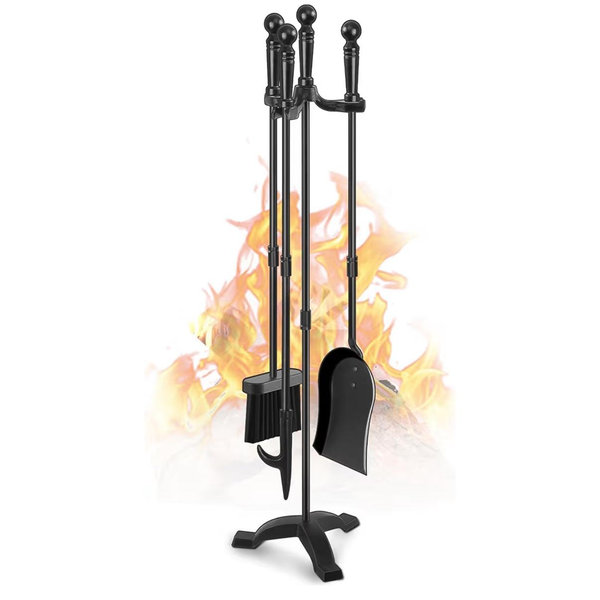 Gtongoko Fireplace Tools Set 4 Pcs 30 Inch Black Wrought Iron Large Fire Tool Set for Outdoor/Indoor Include Chimney Poker, Antique Shovel, Rustic Brush and Stand Accessories Set